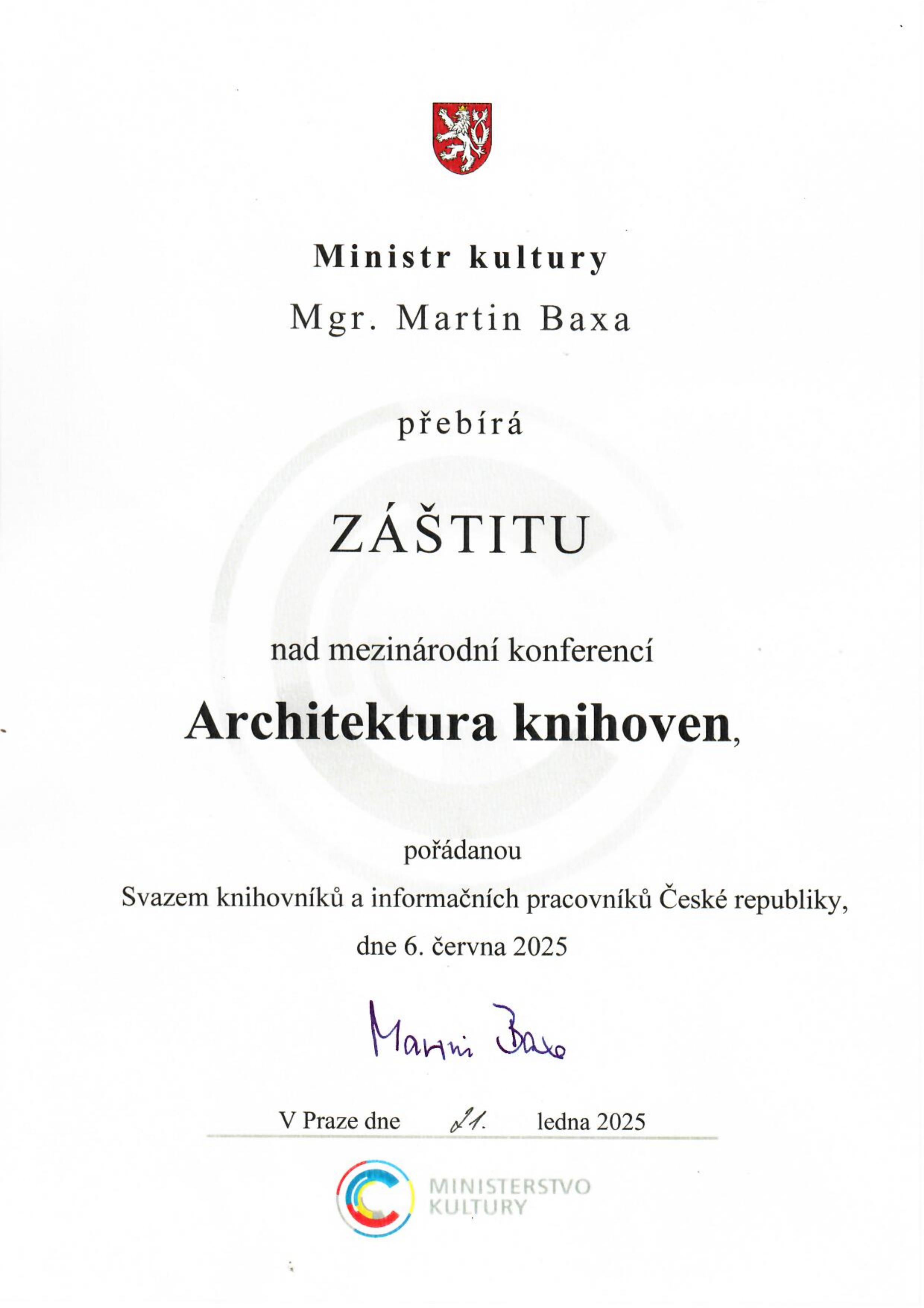 Záštita ministra kultury Mgr. Martina Baxy nad konferencí Architektura knihoven