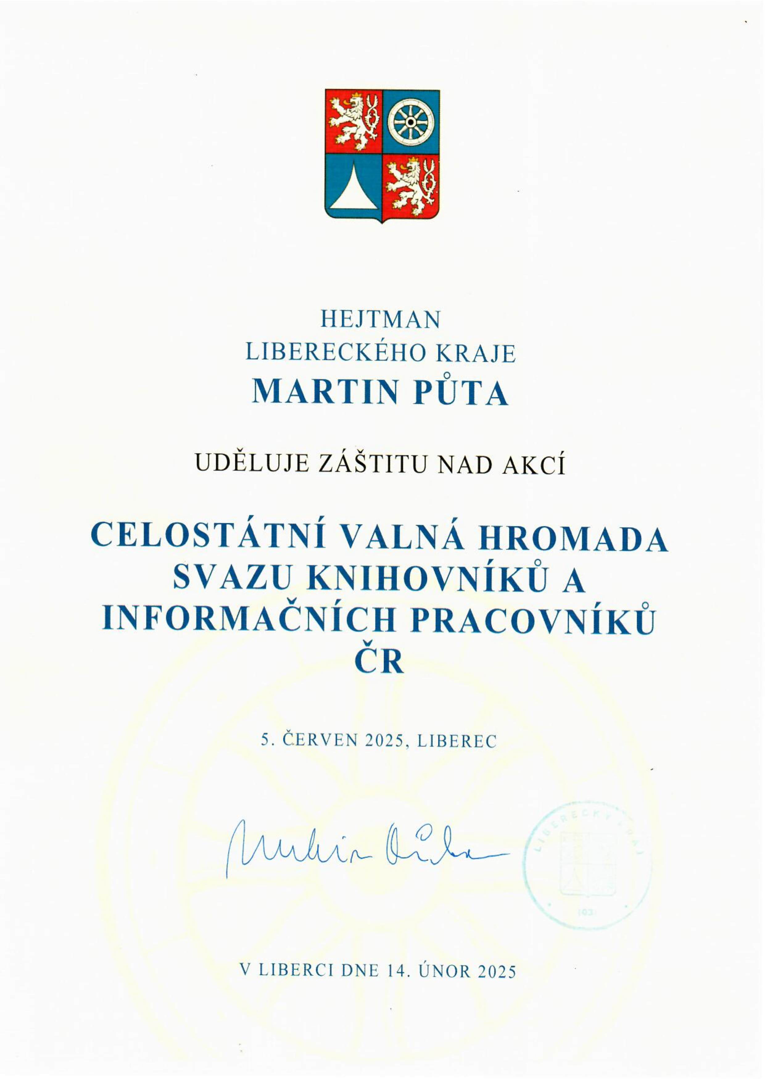 Záštita hejtmana Martina Půty nad 12. valnou hromadou SKIP