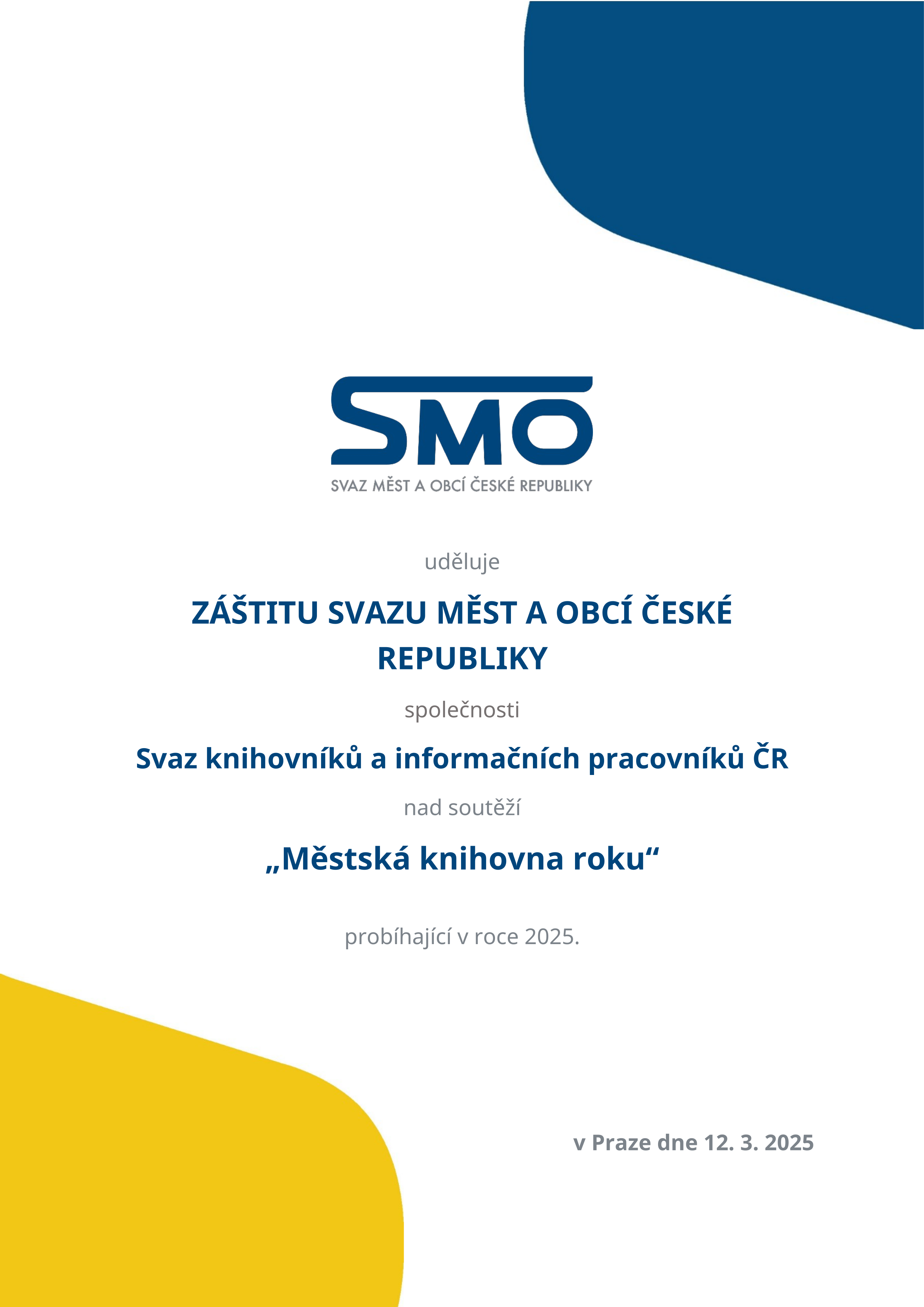 Záštita Svazu měst a obcí ČR nad soutěží Městská knihovna roku 2025