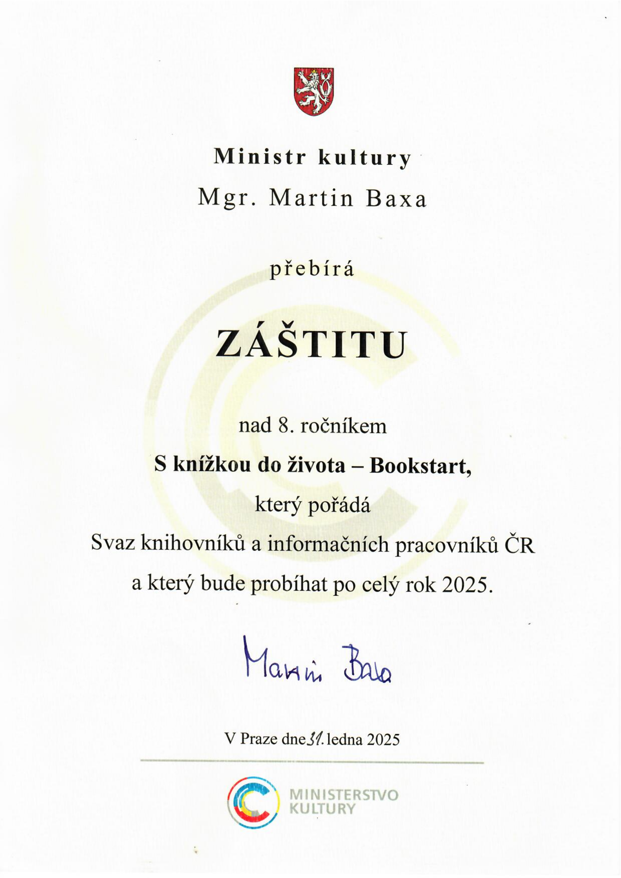 Záštita ministra kultury nad 8. ročníkem projektu S knížkou do života (Bookstart)