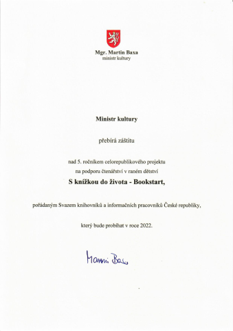 Záštita ministra kultury nad 5. ročníkem projektu S knížkou do života (Bookstart)
