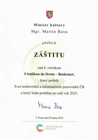 Záštita ministra kultury nad 8. ročníkem projektu S knížkou do života (Bookstart)